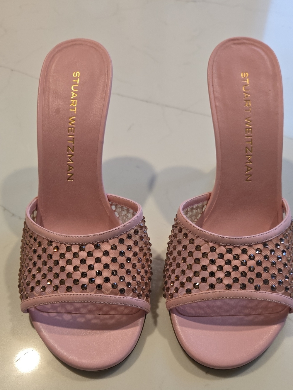 Stuart Weitzman Blush Pink Crystal Mesh Slide Sandals